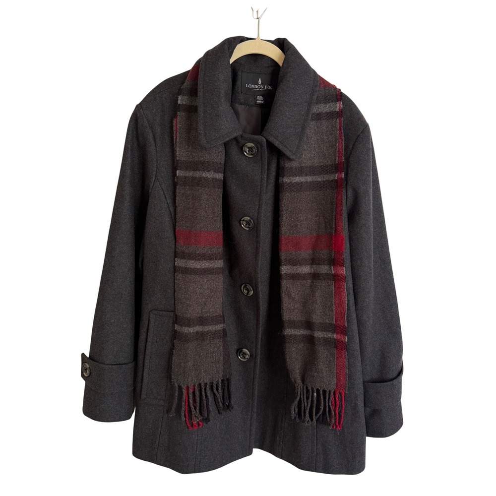 NWT London Fog Charcoal Gray Wool Blend Pea Coat with Plaid Scarf XXL Winter new